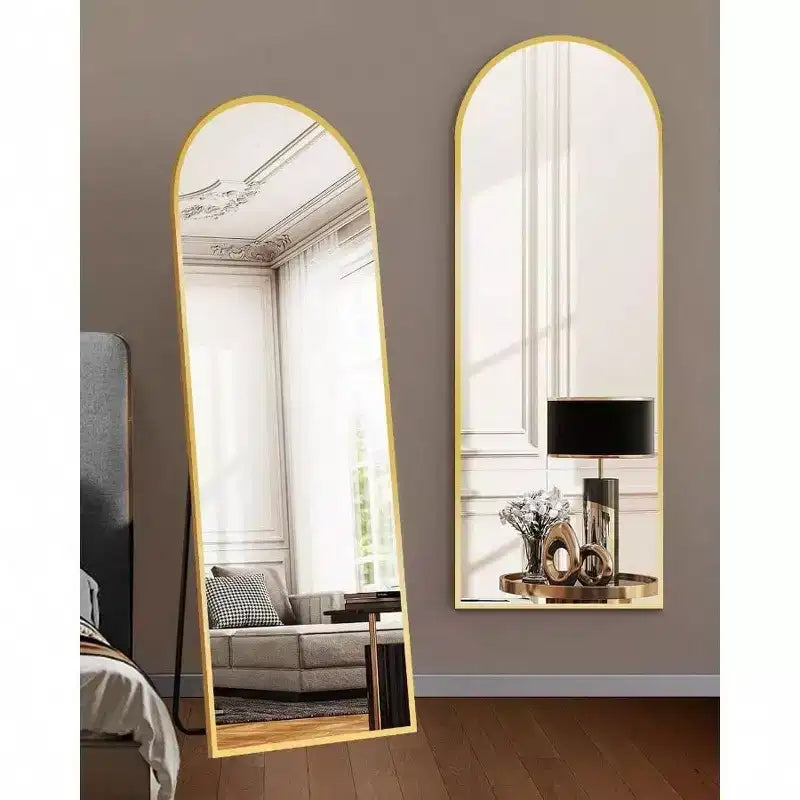 Specchio a figura intera ad arco da 58x18 pollici, da terra o a parete con supporto, cornice in alluminio, vetro infrangibile, colore oro