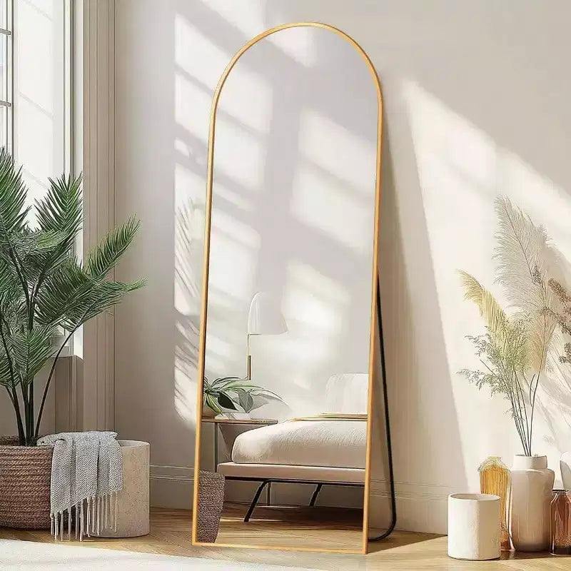 Specchio a figura intera ad arco da 58x18 pollici, da terra o a parete con supporto, cornice in alluminio, vetro infrangibile, colore oro