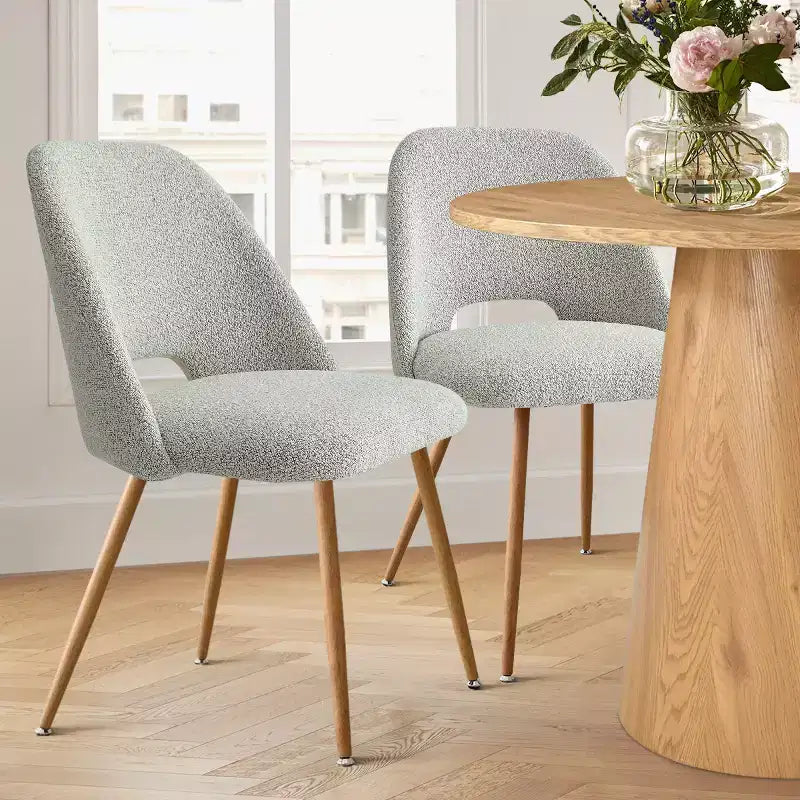Set di 6 sedie da pranzo imbottite in bouclé – Schienale curvo, gambe in metallo effetto rovere