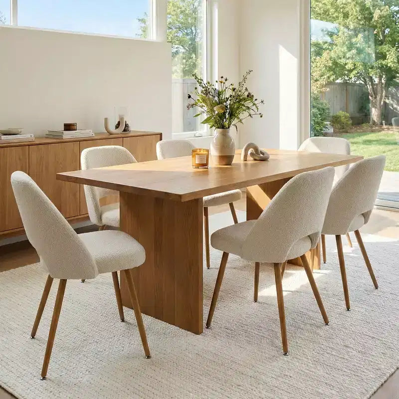 Set of 6 Boucl Upholstered Dining Chairs, Modern Kitchen Chairs with Curved Backrest and Oak-Look Metal Legs, Comfortable Side Chairs - Panipeachy