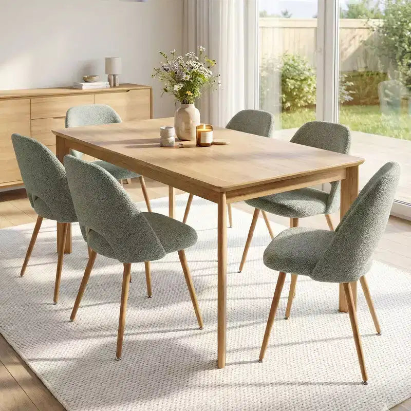 Set di 6 sedie da pranzo imbottite in bouclé – Schienale curvo, gambe in metallo effetto rovere