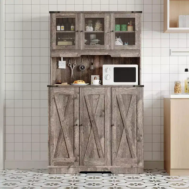 70 Kitchen Pantry Cabinet with Power Outlet, Freestanding Microwave Stand & Adjustable Shelf with Acrylic Doors Brown