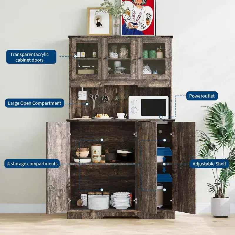 70 Armadio per Dispensa da Cucina con Presa Elettrica, Supporto Microonde Indipendente e Ripiano Regolabile con Ante in Acrilico Marrone