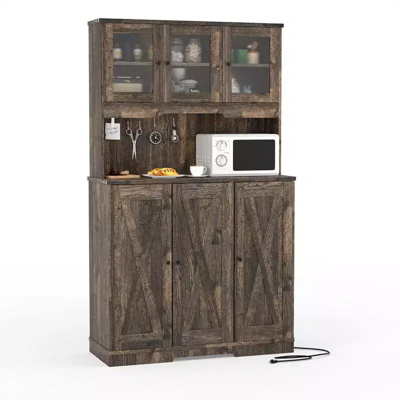 70 Armadio per Dispensa da Cucina con Presa Elettrica, Supporto Microonde Indipendente e Ripiano Regolabile con Ante in Acrilico Marrone