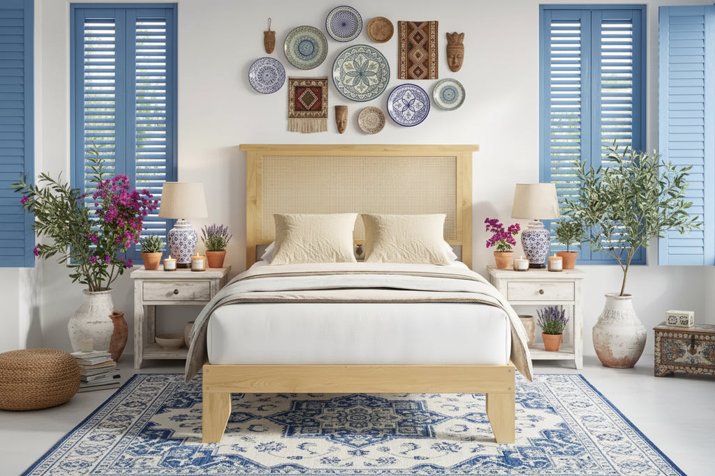 Rattan Bed Frame, Bohemian Rattan Bed Frame Twin with Natural Headboard, LED Lights, No Box Spring Needed