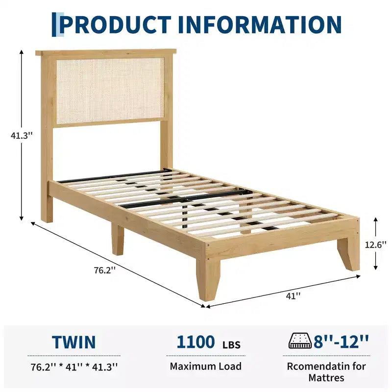 Struttura letto in rattan, struttura letto matrimoniale in rattan bohémien con testiera naturale, luci a LED, nessun box spring necessario