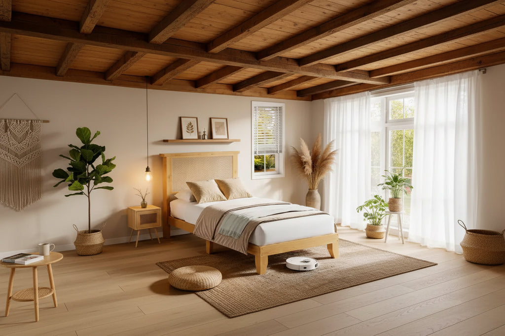 Struttura letto in rattan, struttura letto matrimoniale in rattan bohémien con testiera naturale, luci a LED, nessun box spring necessario