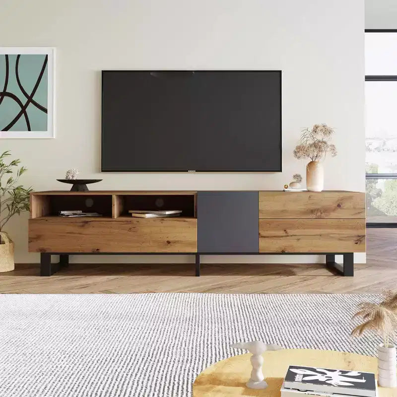 Mobile TV per televisori fino a 80" – Doppio vano, anta a ribalta, marrone