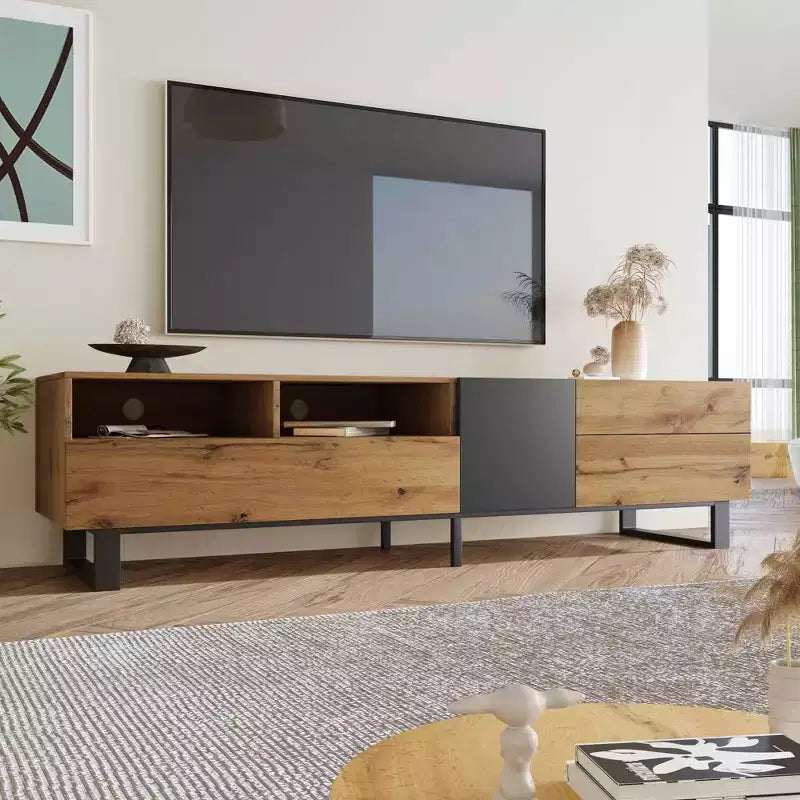 Mobile TV per televisori fino a 80" – Doppio vano, anta a ribalta, marrone