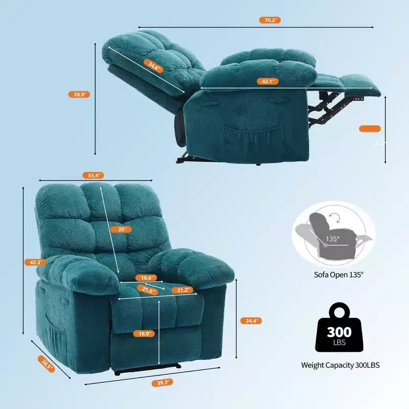 Poltrona Reclinabile Manuale Extra Large con Tasca Laterale – Capacità 136 kg, Girevole a 360°