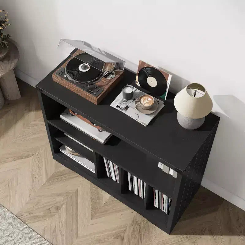 Supporto per giradischi, Mobiletto portagiradischi da fattoria con 6 ripiani per dischi in vinile, Espositore per vinili, Organizzatore in legno per soggiorno, Nero