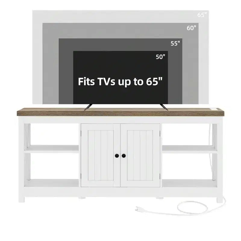 Mobile TV fino a 65 pollici con prese di corrente, mobiletto porta TV in stile rustico con mensole per il soggiorno, bianco e grigio lavato