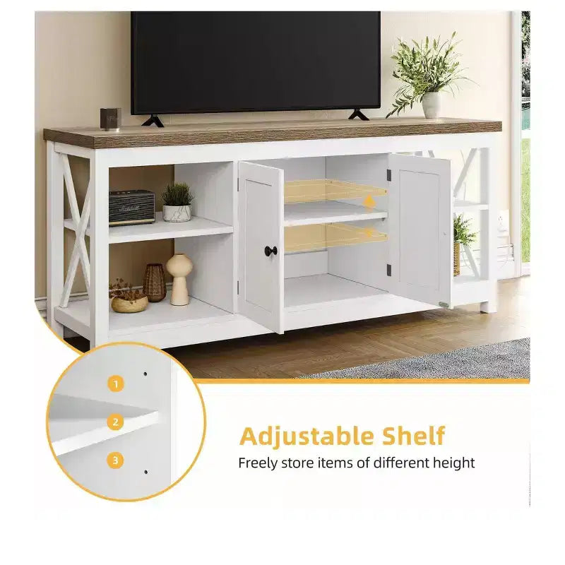 Mobile TV fino a 65 pollici con prese di corrente, mobiletto porta TV in stile rustico con mensole per il soggiorno, bianco e grigio lavato