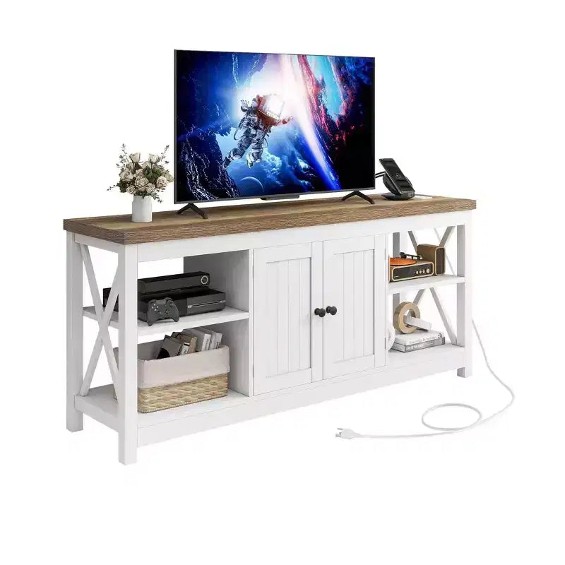 Mobile TV fino a 65 pollici con prese di corrente, mobiletto porta TV in stile rustico con mensole per il soggiorno, bianco e grigio lavato