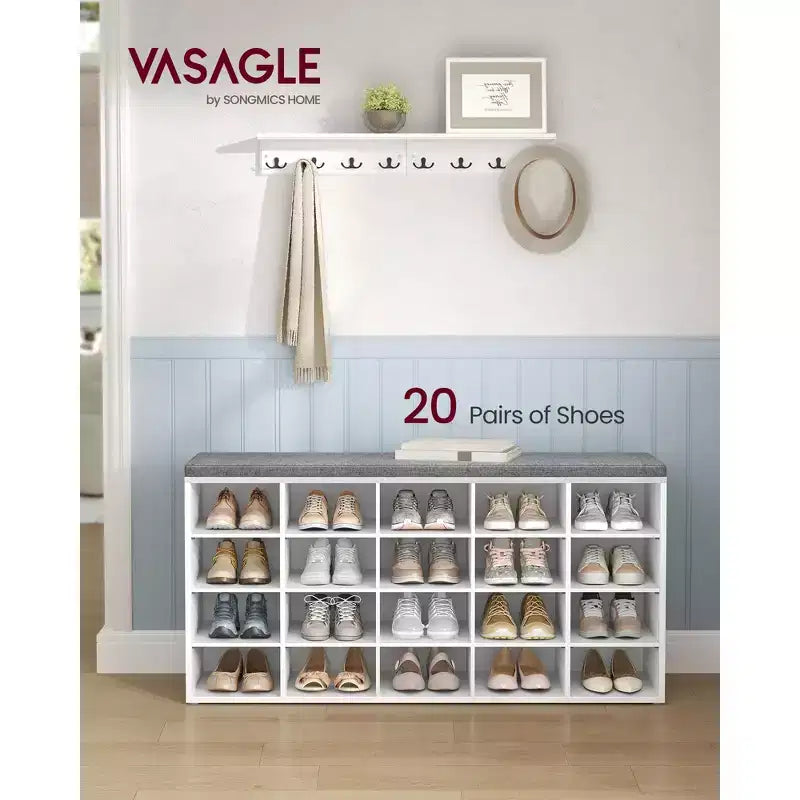 Panca Contenitore per Scarpe, Panca da Ingresso con 20 Scomparti e Seduta Imbottita, 136 kg di Capacità per Camera da Letto, Bianco Nuvola e Grigio