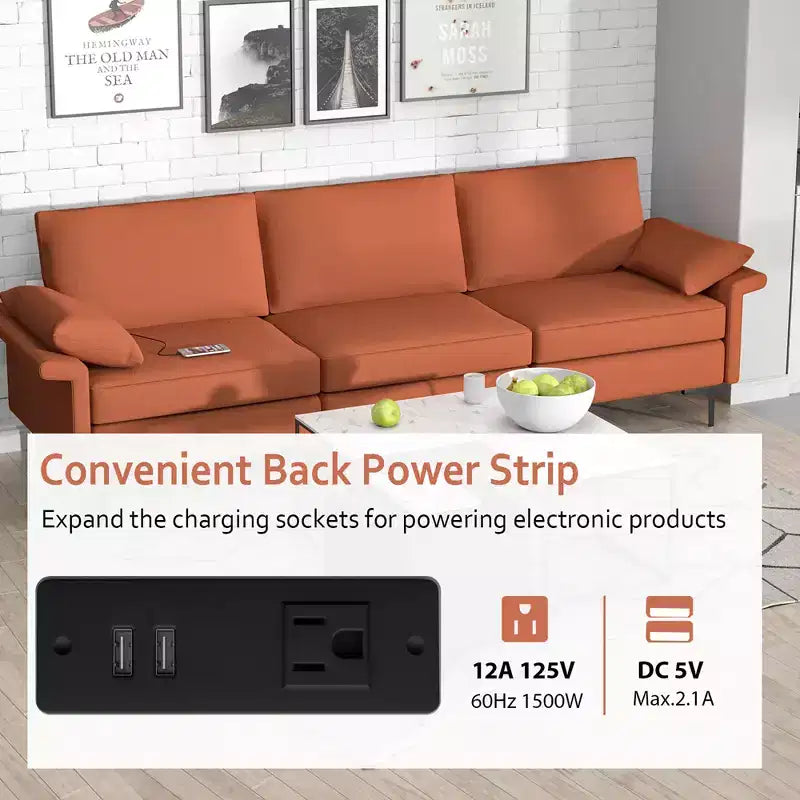 Divano moderno modulare a 3 posti in tessuto con porte USB e presa di corrente – Rosso/Verde