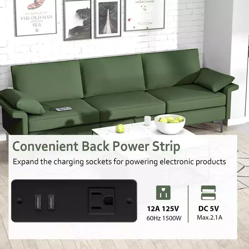 Divano moderno modulare a 3 posti in tessuto con porte USB e presa di corrente – Rosso/Verde