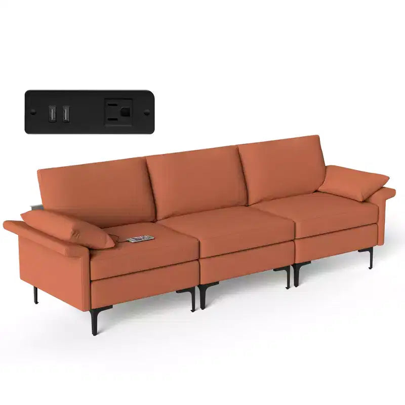 Divano moderno modulare a 3 posti in tessuto con porte USB e presa di corrente – Rosso/Verde