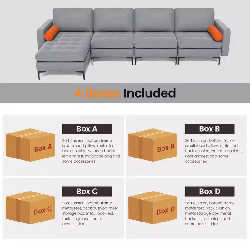 Divano componibile a L con chaise longue reversibile e 4 porte USB – Grigio cenere
