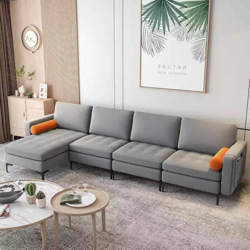 Divano componibile a L con chaise longue reversibile e 4 porte USB – Grigio cenere