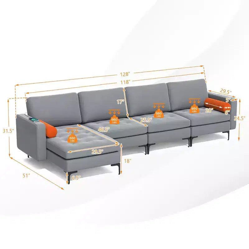 Divano componibile a L con chaise longue reversibile e 4 porte USB – Grigio cenere