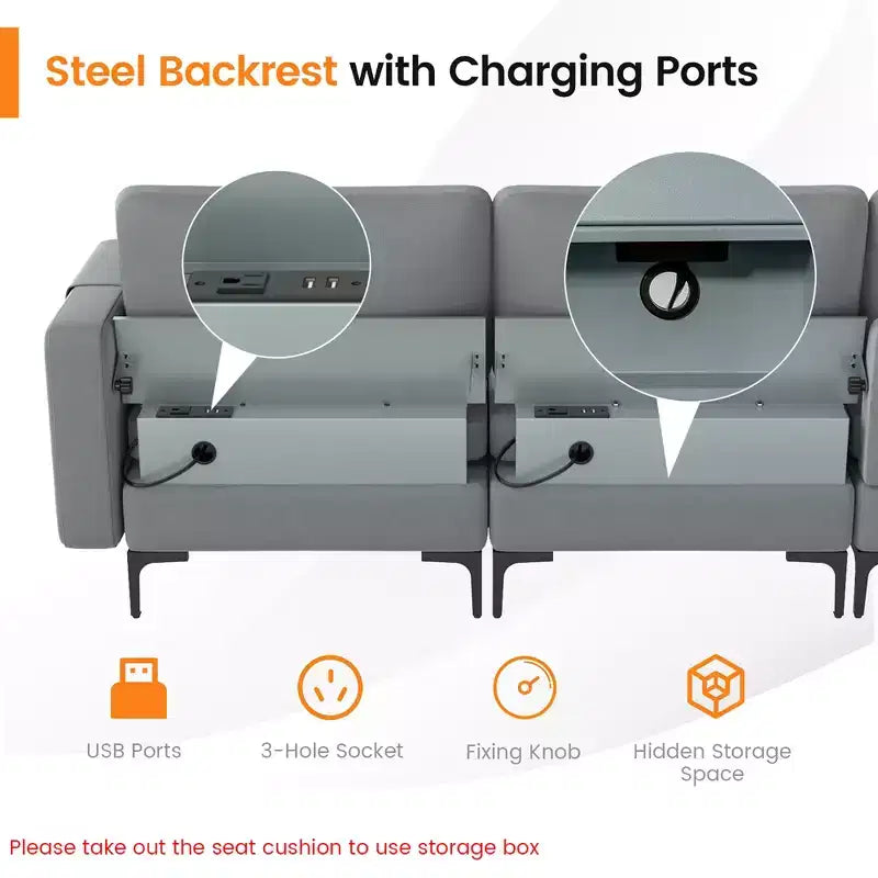 Divano componibile a L con chaise longue reversibile e 4 porte USB – Grigio cenere