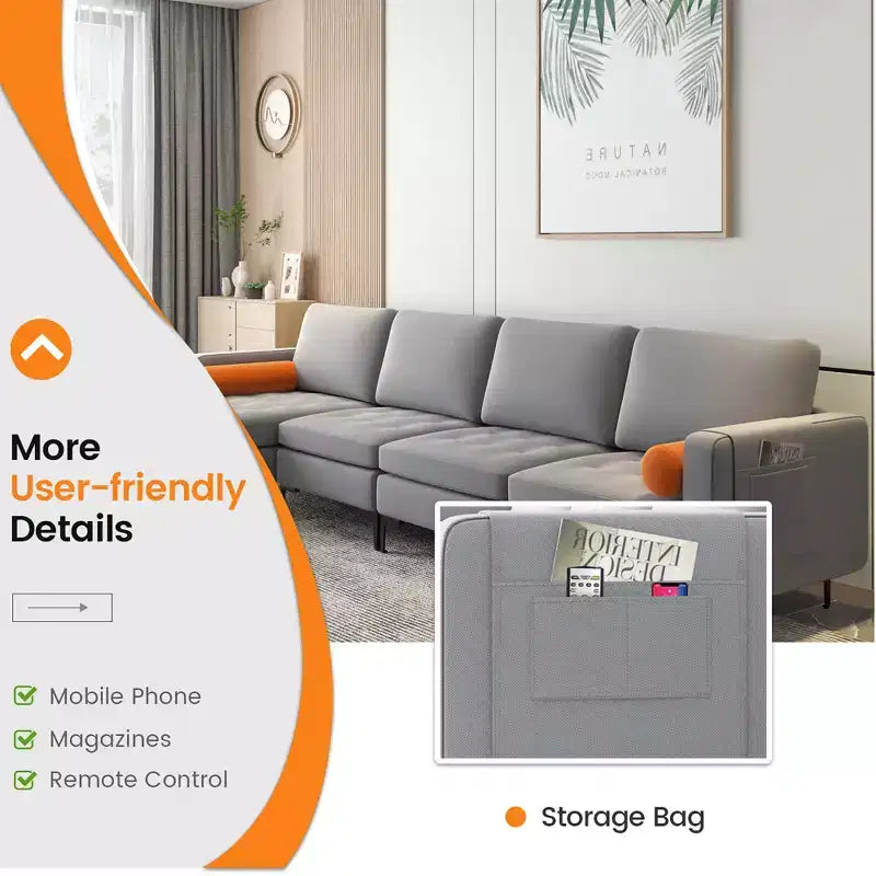 Divano componibile a L con chaise longue reversibile e 4 porte USB – Grigio cenere