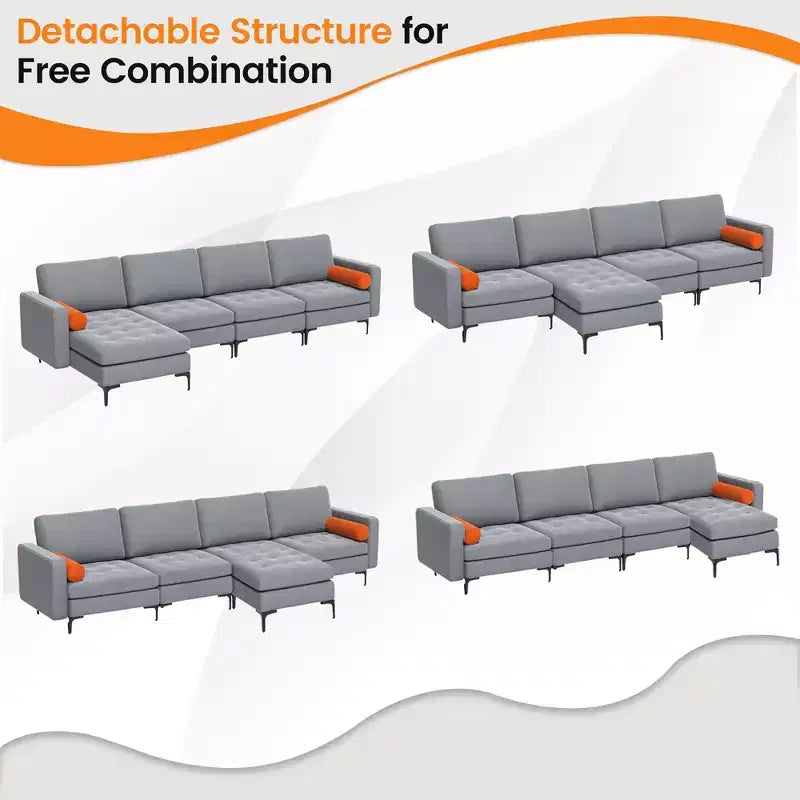 Divano componibile a L con chaise longue reversibile e 4 porte USB – Grigio cenere
