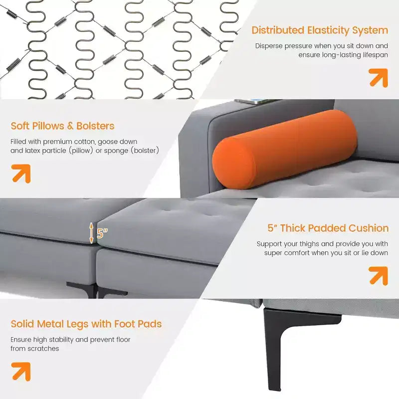 Divano componibile a L con chaise longue reversibile e 4 porte USB – Grigio cenere