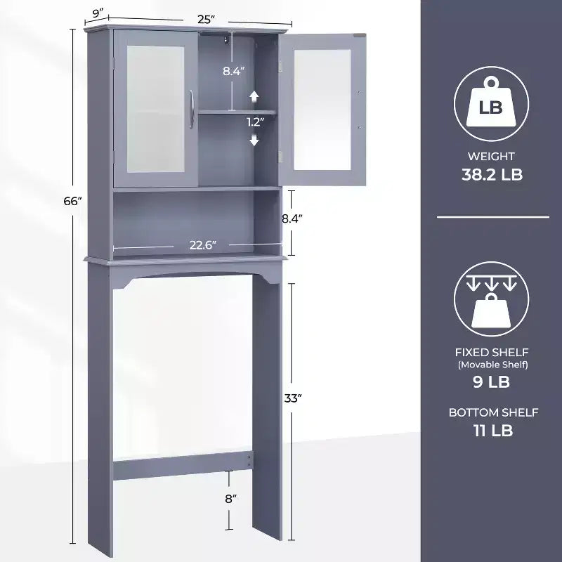 Armadietto portaoggetti da bagno sopra il WC autoportante con ripiano – MDF, 3 ripiani regolabili