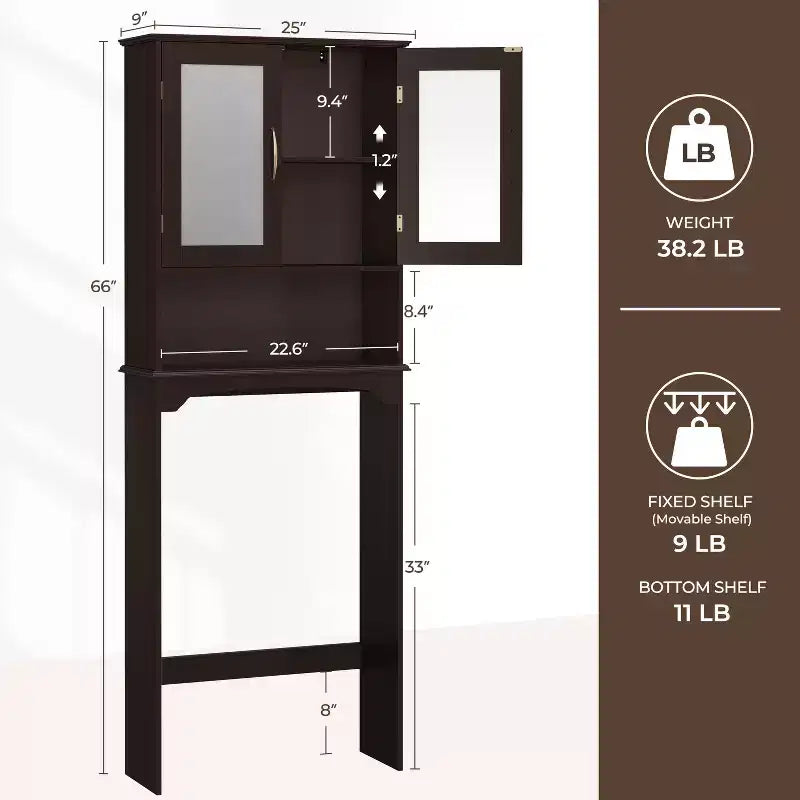 Armadietto portaoggetti da bagno sopra il WC autoportante con ripiano – MDF, 3 ripiani regolabili