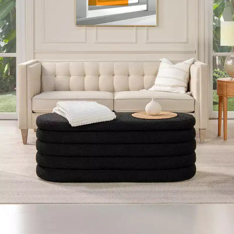 Panca contenitore ovale rivestita da 124 cm – Tessuto Boucle, certificato CARB, 15 kg