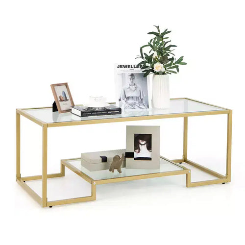 Costway 45'' Coffee Table Rectangular Tempered Glass Accent Table W/ Shelf Living Room