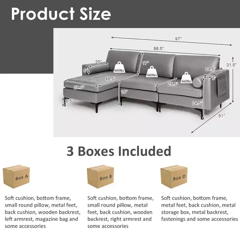Divano sezionale modulare extra-large a 4 posti con chaise longue reversibile e 2 porte USB