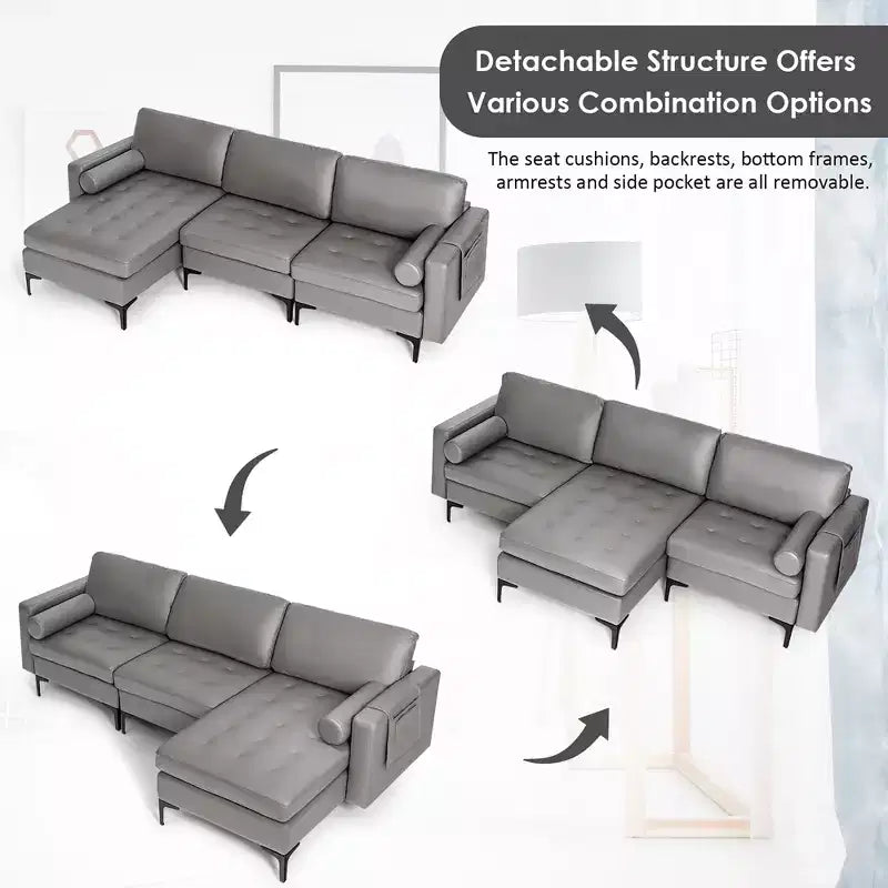 Divano sezionale modulare extra-large a 4 posti con chaise longue reversibile e 2 porte USB