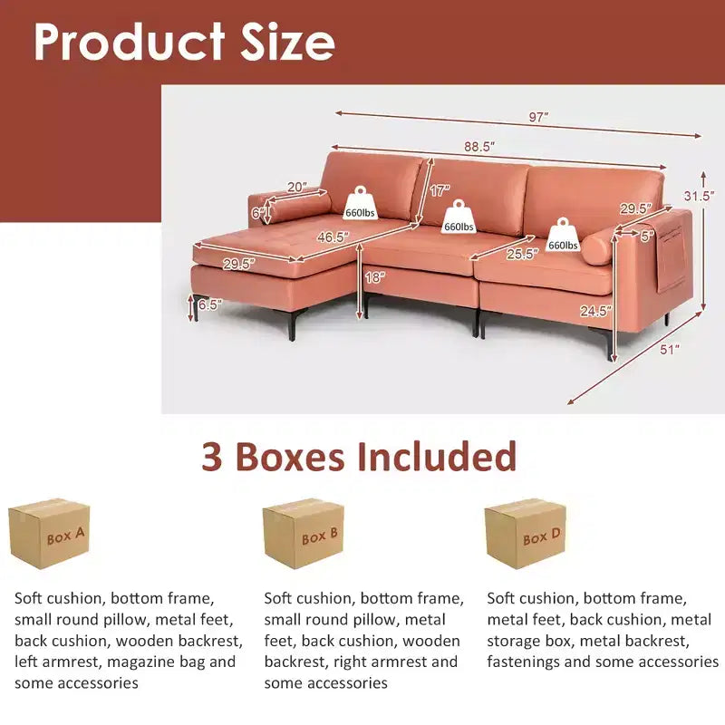 Divano sezionale modulare extra-large a 4 posti con chaise longue reversibile e 2 porte USB