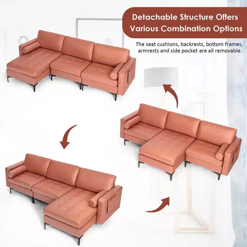 Divano sezionale modulare extra-large a 4 posti con chaise longue reversibile e 2 porte USB