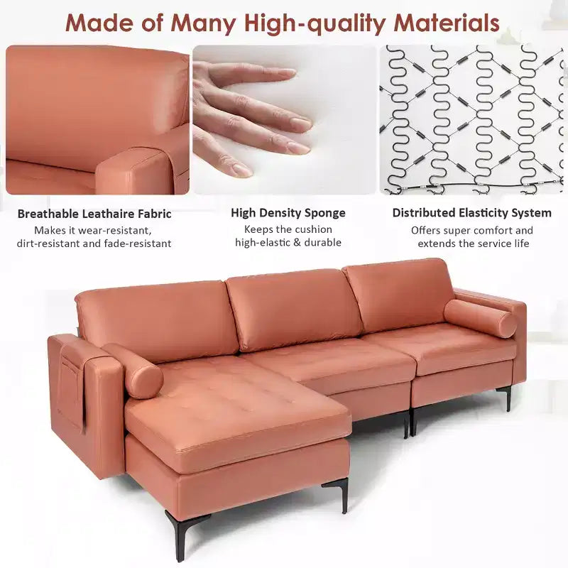 Divano sezionale modulare extra-large a 4 posti con chaise longue reversibile e 2 porte USB