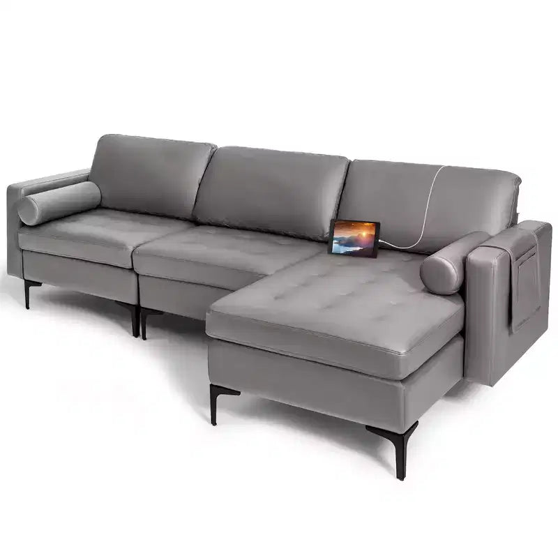 Divano sezionale modulare extra-large a 4 posti con chaise longue reversibile e 2 porte USB